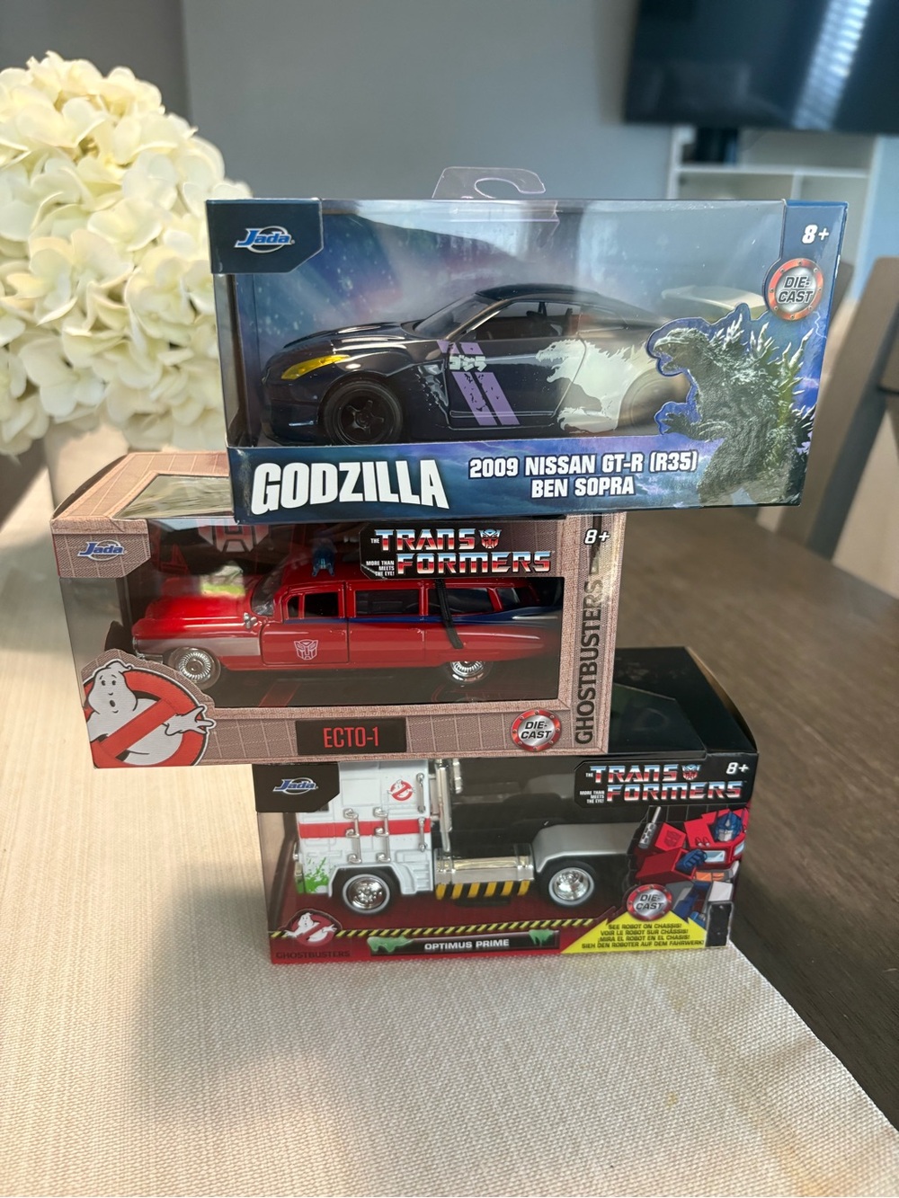 Jada die-cast 1:24 Godzilla GT-R (R35),Ghost Busters Hearse,Transformer Truck.